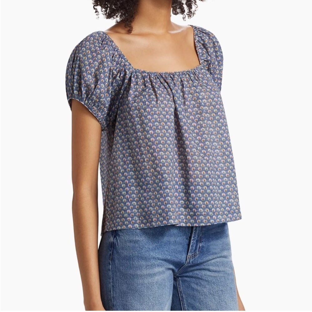 VGUC DÔEN Doen Tonya Floral Short Sleeve Cotton Blouse Top Blue Dahlia Ikat S